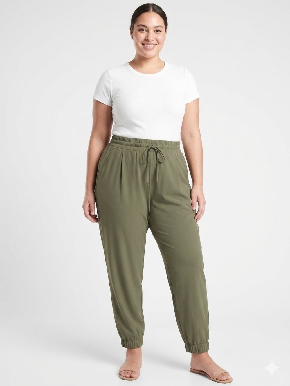 Melloday Woman Lady Plus 2X Olive Green Drawstring Dressy Comfy Roomy Pants